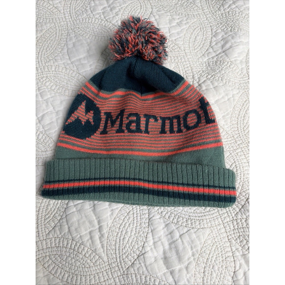 Marmot Teal Orange Striped Beanie Winter Hat Pom Knit Ski Snowboard